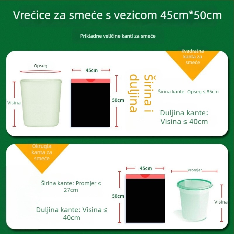 Kese za smeće sa šnurnom, pojačane, plastične, 100 kom, crne, za kućnu upotrebu u kuhinji, s ručkama