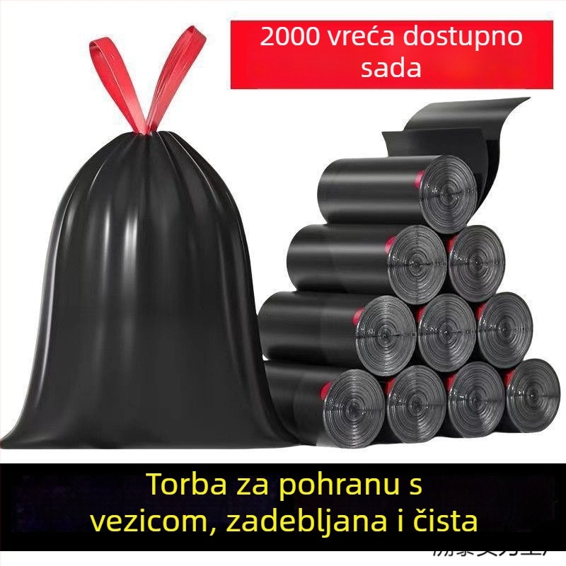 Debele vrećice za smeće s šnurnom za vezivanje bez kidanja, velike crne plastične vrećice za dom, kuhinju i ured