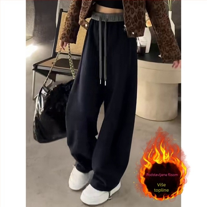 Ženske hlače s fleece podstavom, debele široke hlače za jesen-zimu, udoban casual trenirka hlače s elastičnim strukom, visok struk, laskav kroj, ravne nogavice