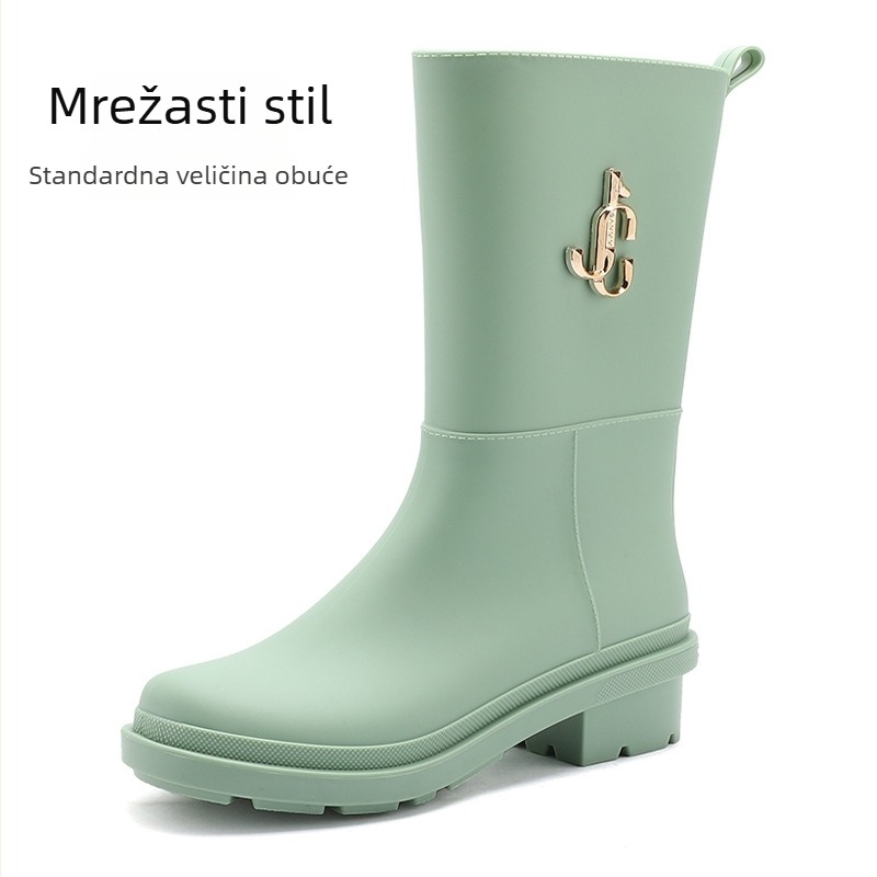 Ženske čizme za kišu srednje visine, jedne boje, PVC gornji dio, ojačan đon, peta 3-5 cm, vodootporne, za sve sezone
