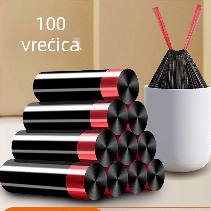 Vreća za smeće sa šnuralom, debela, velika, crna, plastična, za kućnu upotrebu, kuhinju i studentski dom, zatvaranje šnuralom