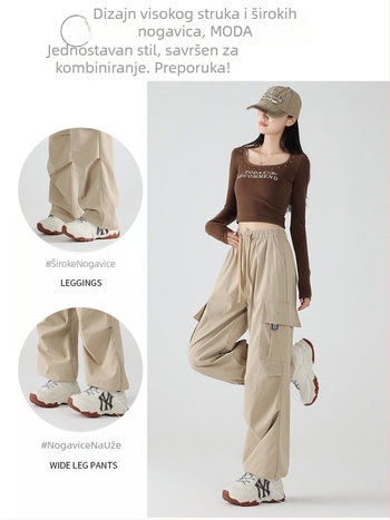 Ženske parachute cargo hlače s visokim strukom, ravnog kroja, sive, casual
