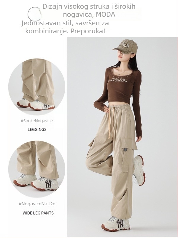 Ženske parachute cargo hlače s visokim strukom, ravnog kroja, sive, casual
