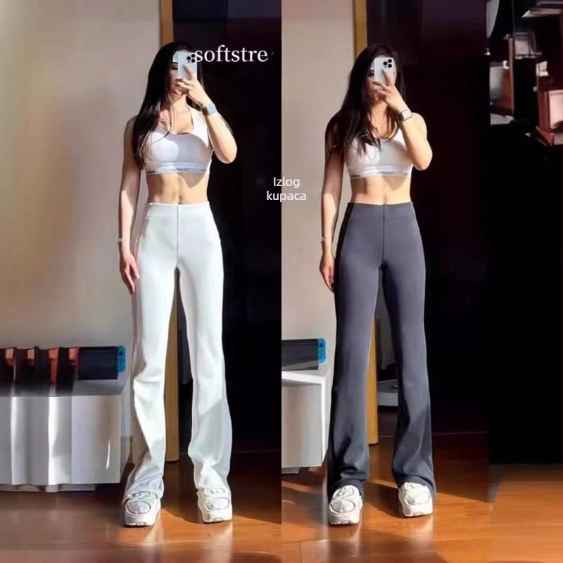 luludarling Ženske hlače s patentom i rebrastom teksturom, zvonasti kroj s prorezom, casual, visokim strukom, dugačke