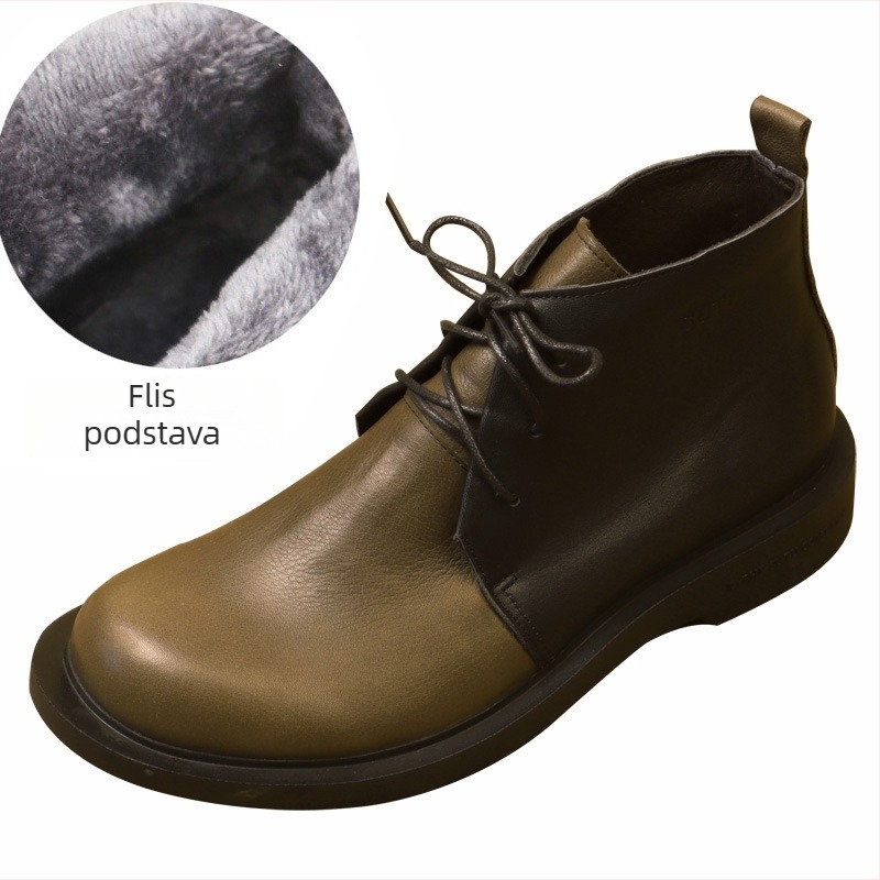 Muške čizme od prave kože u stilu Martens, s fleecem unutrašnjom podstavom, okrugla vrh, vezanje, ručna izrada, gornji sloj teleće kože, za jesen i zimu