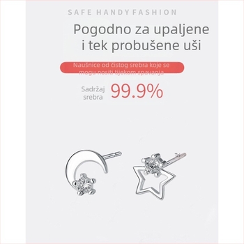 Srebrne naušnice S999 – zvijezda i mjesec, minimalistički dizajn, dijamantni umetak, japansko-korejski stil, za žene