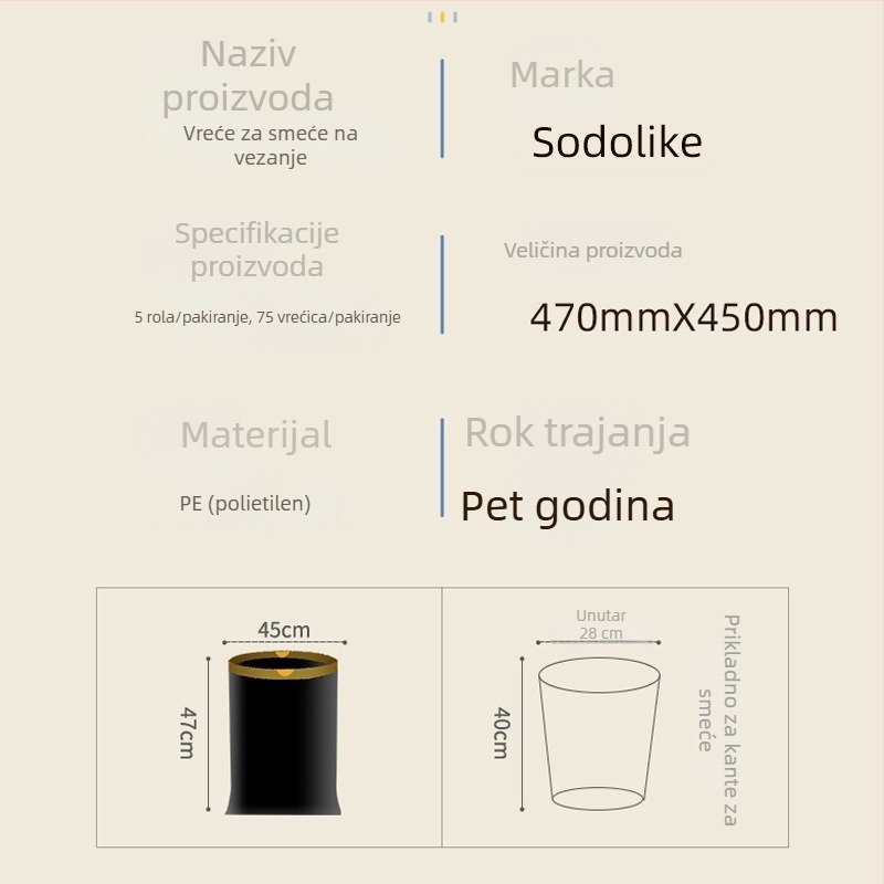 Sodolike vrećice za smeće sa šnuralom, 75 kom., za kućnu upotrebu, debele, izdržljive, jednokratne plastične vrećice