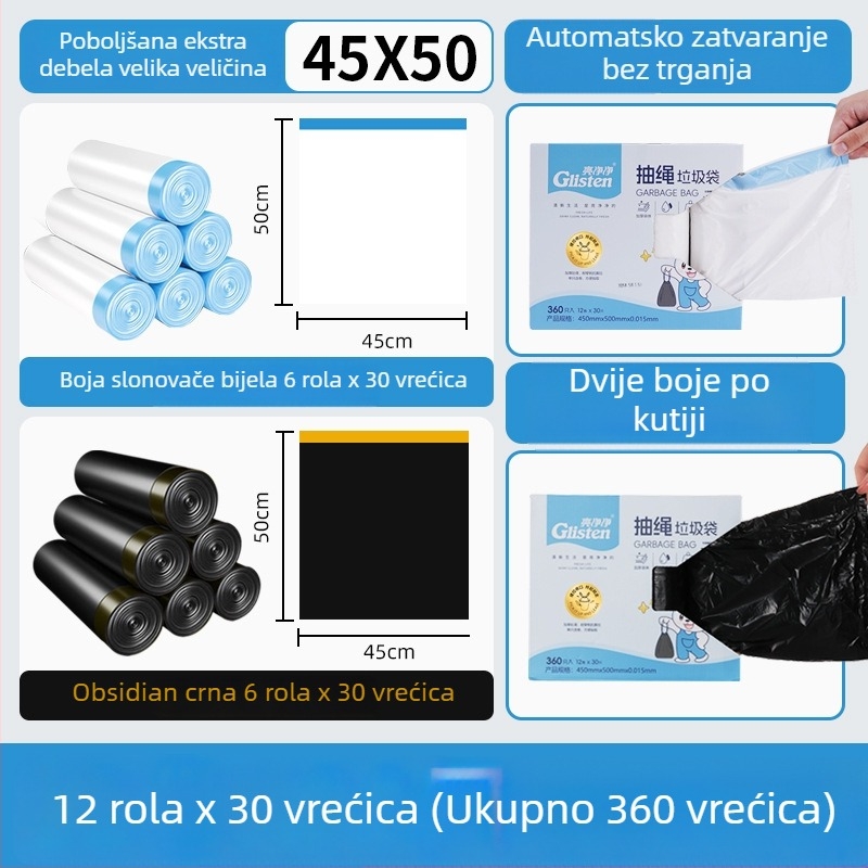 Debele vrećice za smeće sa šnuralom, za kućnu upotrebu u kuhinji, veliki kapacitet, pakiranje od 360 komada