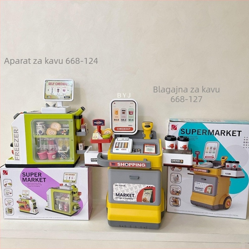 Dječji set za trgovinu za igru sa skenerom kartica, blagajnom i kolicom za kupovinu