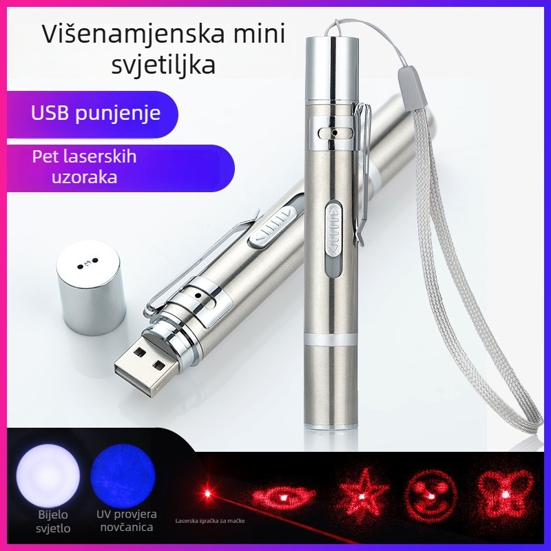 Višenamjenska USB mini svjetiljka, punjiva, s laserskim pokazivačem, UV detektor bankovnica i detektorska olovka