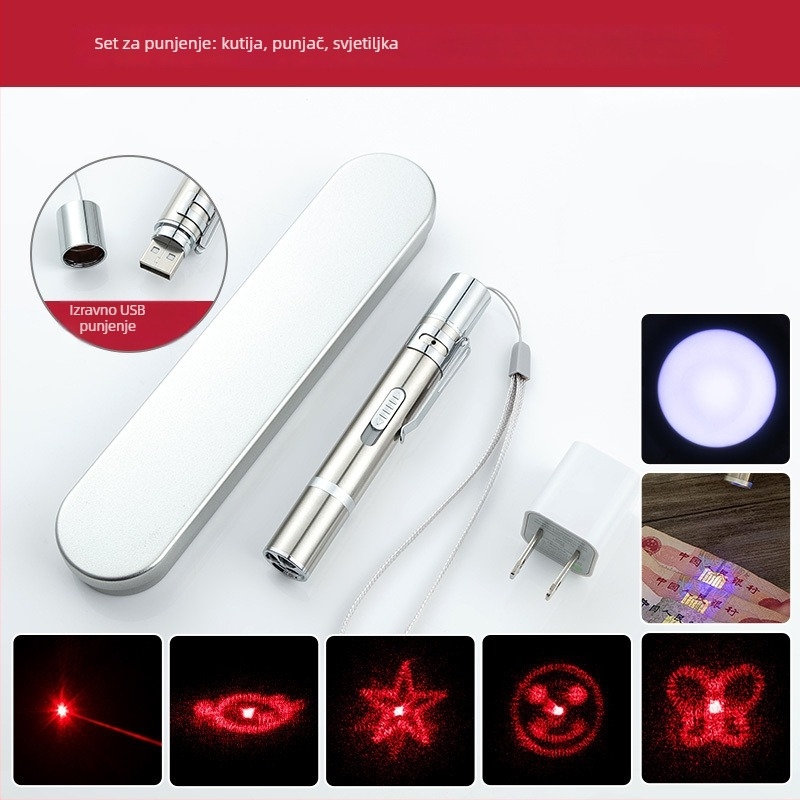 Višenamjenska USB mini svjetiljka, punjiva, s laserskim pokazivačem, UV detektor bankovnica i detektorska olovka