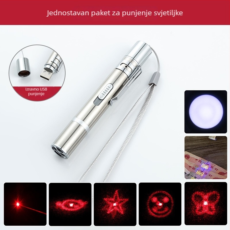 Višenamjenska USB mini svjetiljka, punjiva, s laserskim pokazivačem, UV detektor bankovnica i detektorska olovka