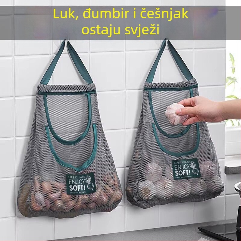 Set od dva komada: višenamjenske kuhinjske vrećice za vješanje voća i povrća, skladištenje đumbira i češnjaka, zidna montaža