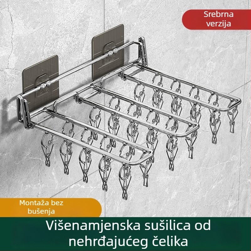 Sklopiva zidna sušilica za odjeću od nehrđajućeg čelika, bez bušenja, s držačem za čarape, za unutarnju upotrebu