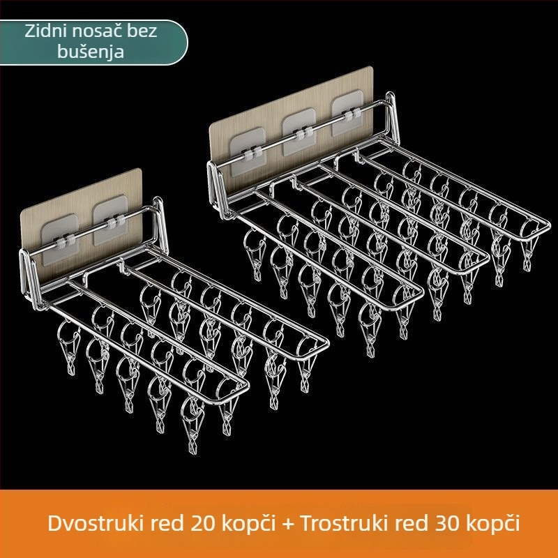 Sklopiva zidna sušilica za odjeću od nehrđajućeg čelika, bez bušenja, s držačem za čarape, za unutarnju upotrebu