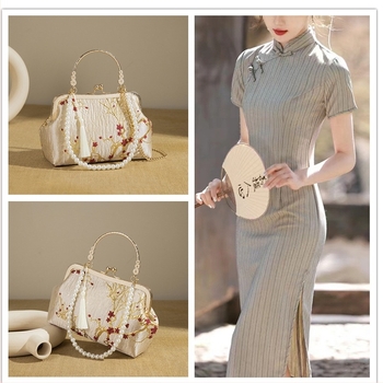 Retro svadbena torbica s perljanim lancem, jacquard clutch s metalnim okvirom, za rame ili crossbody