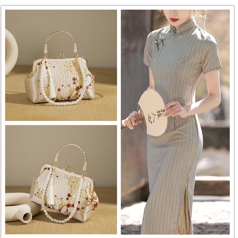 Retro svadbena torbica s perljanim lancem, jacquard clutch s metalnim okvirom, za rame ili crossbody