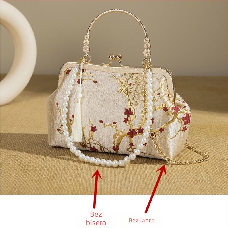 Retro svadbena torbica s perljanim lancem, jacquard clutch s metalnim okvirom, za rame ili crossbody