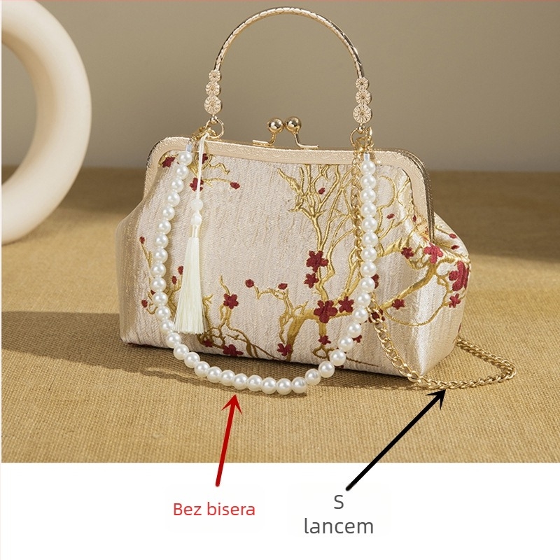 Retro svadbena torbica s perljanim lancem, jacquard clutch s metalnim okvirom, za rame ili crossbody