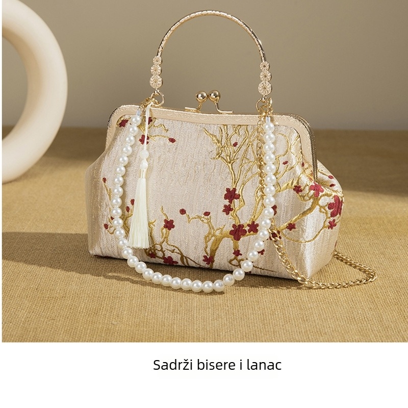 Retro svadbena torbica s perljanim lancem, jacquard clutch s metalnim okvirom, za rame ili crossbody