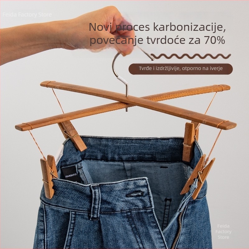 Stalak za hlače od karboniziranog bambusa otporan na plijesan, ojačani klipsovi za hlače, križna vješalica za sušenje, skladištenje bez tragova svilenih cvjetova