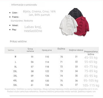 Ljetna muška košulja od pamuka i lana, kineski stil inspiriran, opuštena silueta, polu rukavi
