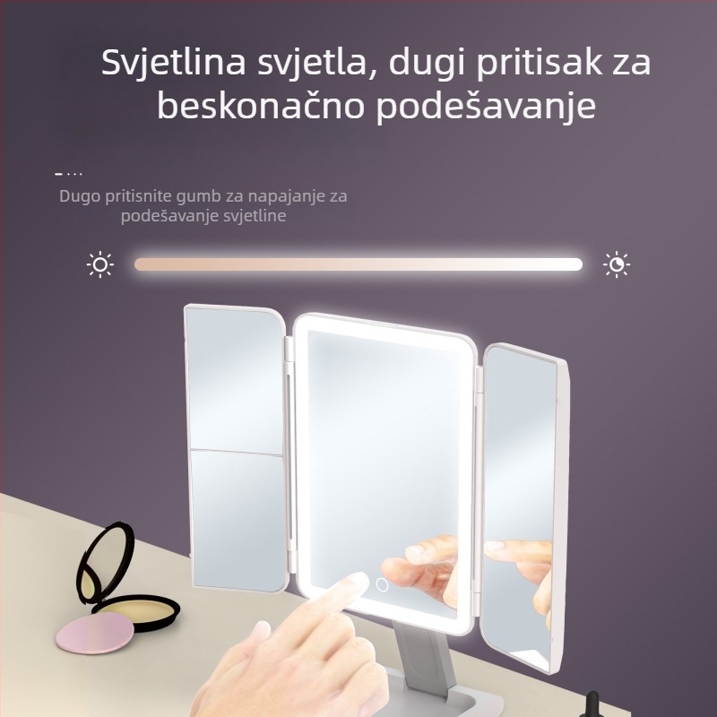 Prijenosno ogledalo za šminkanje sa LED rasvjetom, rotirajuće, trodijelni sklopivi dizajn, stolno ogledalo za šminkanje, HD kvalitete