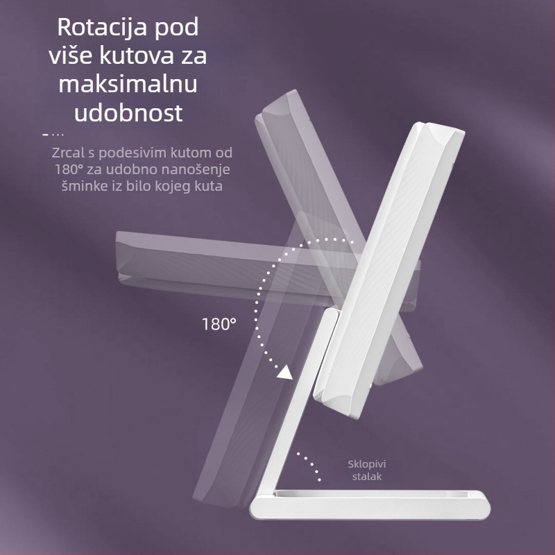 Prijenosno ogledalo za šminkanje sa LED rasvjetom, rotirajuće, trodijelni sklopivi dizajn, stolno ogledalo za šminkanje, HD kvalitete