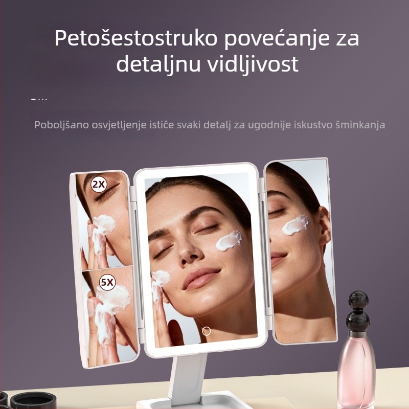 Prijenosno ogledalo za šminkanje sa LED rasvjetom, rotirajuće, trodijelni sklopivi dizajn, stolno ogledalo za šminkanje, HD kvalitete