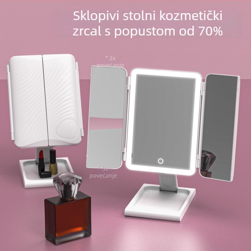Prijenosno ogledalo za šminkanje sa LED rasvjetom, rotirajuće, trodijelni sklopivi dizajn, stolno ogledalo za šminkanje, HD kvalitete