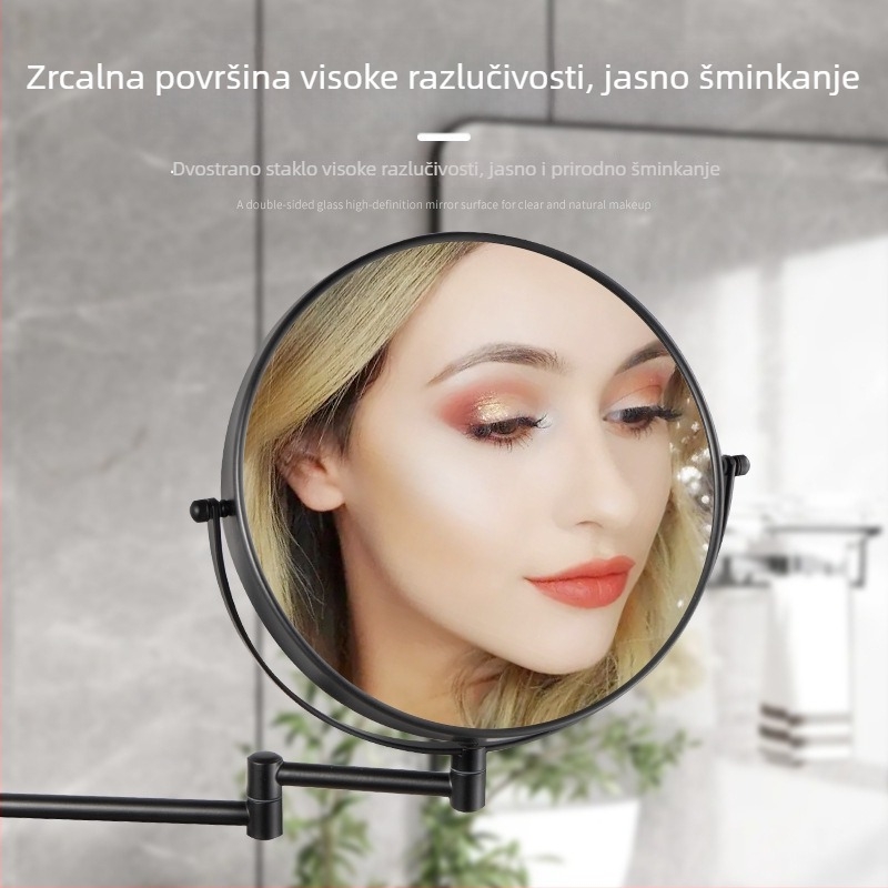 Ogledalo za šminkanje bez bušenja, 360° rotacija, teleskopsko sklopivo, zidno, 9 inča, 10x povećanje, krom završna obrada