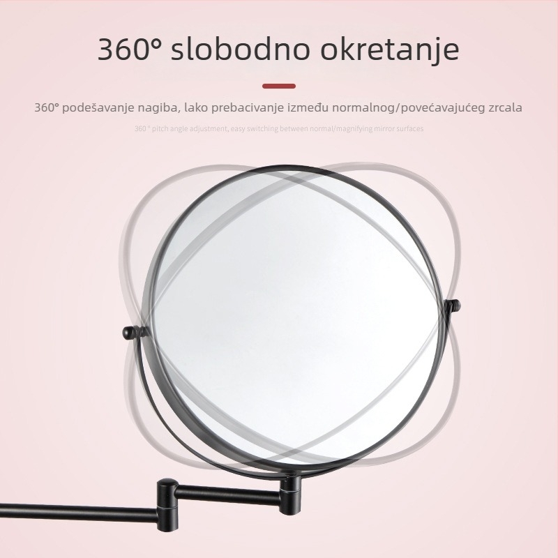 Ogledalo za šminkanje bez bušenja, 360° rotacija, teleskopsko sklopivo, zidno, 9 inča, 10x povećanje, krom završna obrada