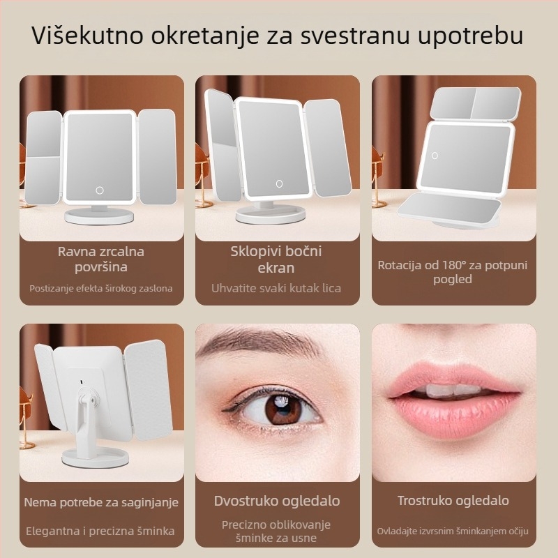 Trostrano preklopno ogledalo za šminkanje s LED osvjetljenjem, stolno, prijenosno