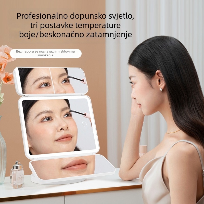 Trostrano preklopno ogledalo za šminkanje s LED osvjetljenjem, stolno, prijenosno