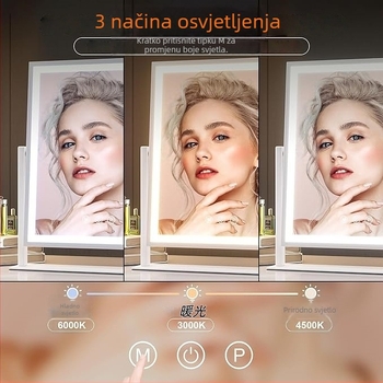 LED kozmetičko ogledalo sa rasvjetom, tri boje osvjetljenja, pametno dodirno upravljanje, 360° rotacija