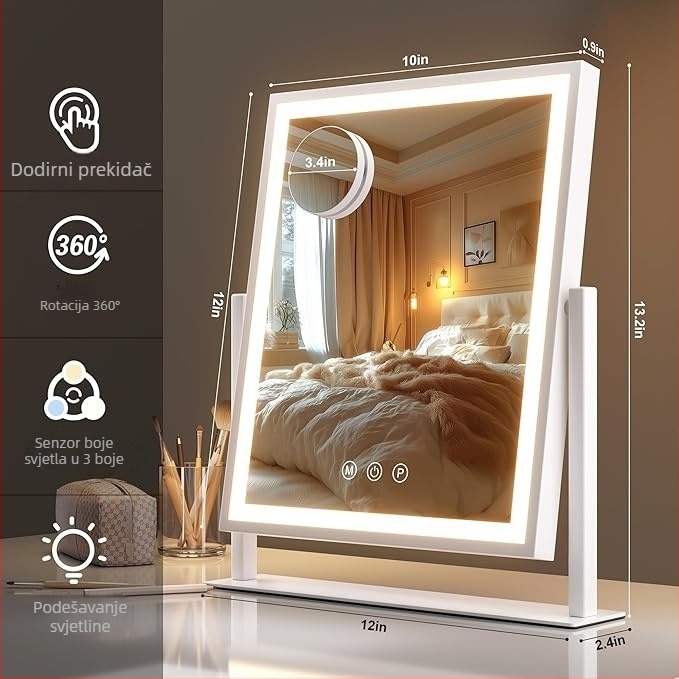 LED kozmetičko ogledalo sa rasvjetom, tri boje osvjetljenja, pametno dodirno upravljanje, 360° rotacija
