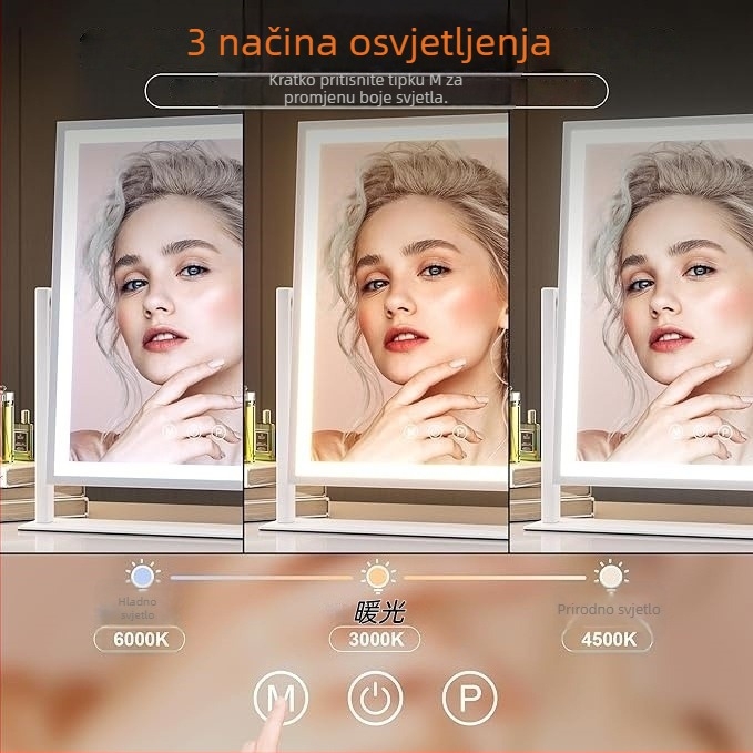 LED kozmetičko ogledalo sa rasvjetom, tri boje osvjetljenja, pametno dodirno upravljanje, 360° rotacija