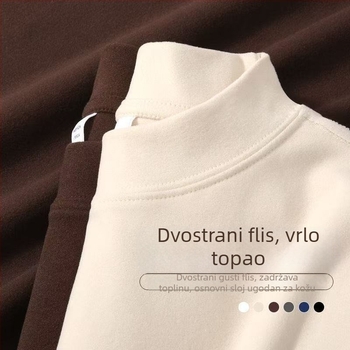 Muška duga majica s brušenim velurom, srednje visoki ovratnik, jednofarbna za jesen-zimu