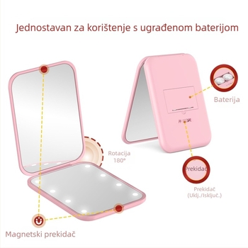 LED sklopivo ogledalo za šminku, prenosno kompaktno džepno ogledalo sa rasvjetom, multifunkcionalno dvostrano ogledalo s dopunskim osvjetljenjem