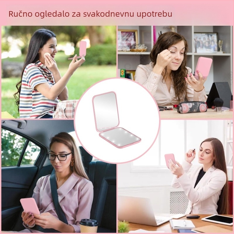 LED sklopivo ogledalo za šminku, prenosno kompaktno džepno ogledalo sa rasvjetom, multifunkcionalno dvostrano ogledalo s dopunskim osvjetljenjem
