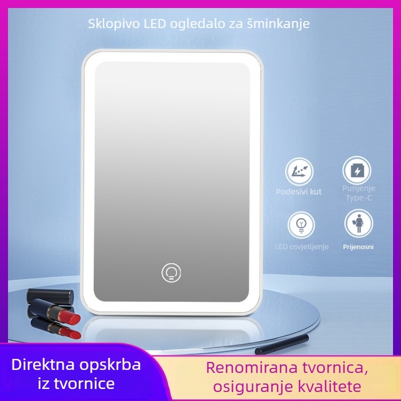 Sklopivo LED ogledalo za šminkanje, prijenosno stolno ogledalo za ljepotu s osvjetljenjem