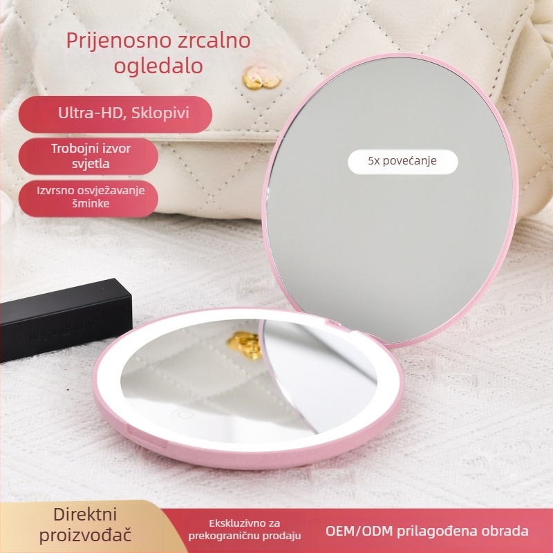 Dvostrano prijenosno LED ogledalo za šminkanje, mini putno ogledalo s 5x povećanjem, okrugli preklopni poklopac