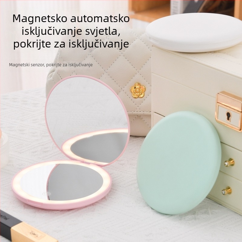 Dvostrano prijenosno LED ogledalo za šminkanje, mini putno ogledalo s 5x povećanjem, okrugli preklopni poklopac