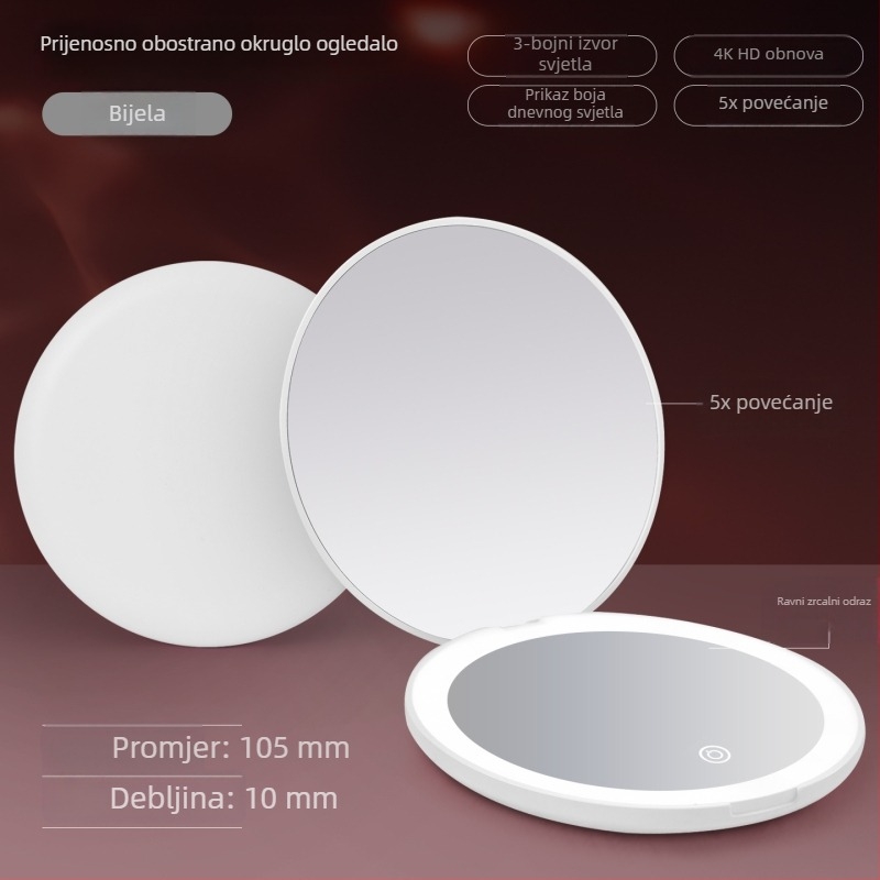 Dvostrano prijenosno LED ogledalo za šminkanje, mini putno ogledalo s 5x povećanjem, okrugli preklopni poklopac