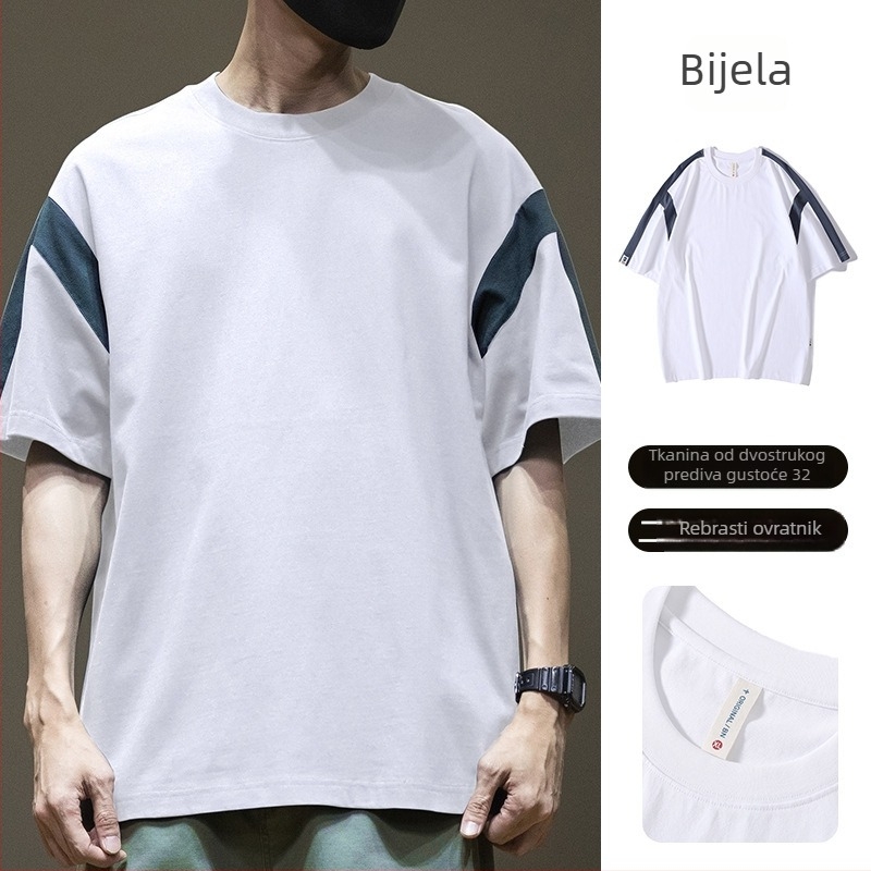 Qilin muška pamučna majica — ljeto, japanski stil, kontrastni blok boja, kratki rukavi, spuštena ramena, 32s dvostruko pređene niti
