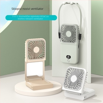 Viseći ventilator za vrat sa ogledalom za šminku, prijenosna višenamjenska vanjska baterija s digitalnim zaslonom, sklopivi dizajn