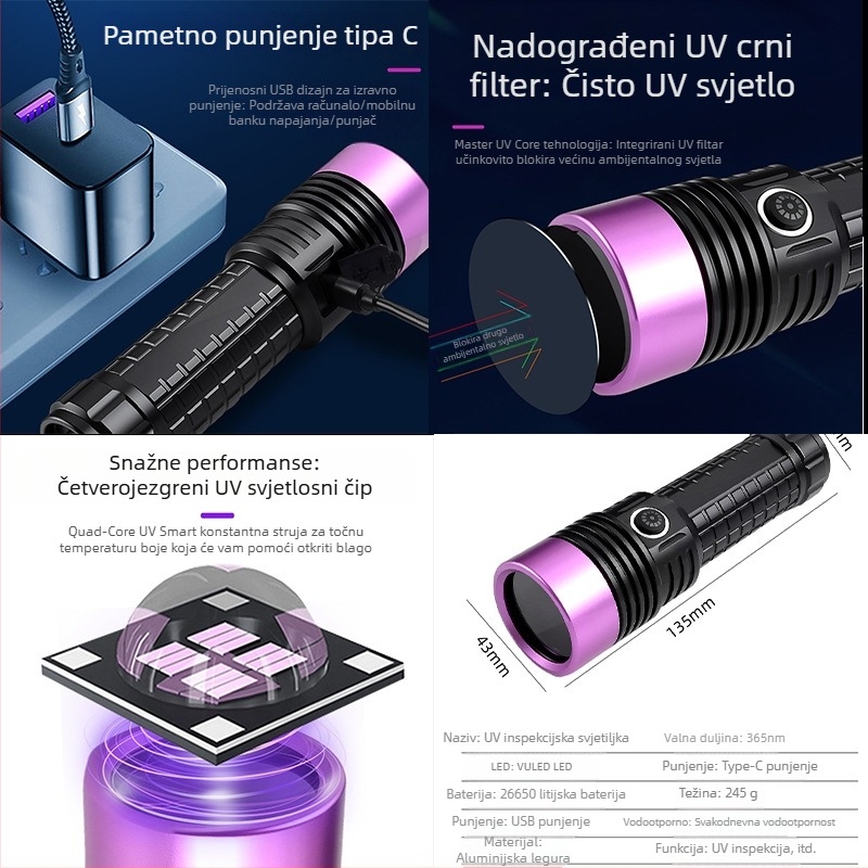 Nova ljubičasta UV baterijska svjetiljka s 365 nm fluorescijom za nakit: provjera autentičnosti i detekcija masnih mrlja, 60W