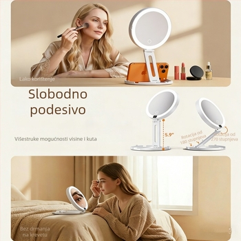 Novo dvostrano prenosno ogledalo za šminkanje, s mogućnošću punjenja, s digitalnim prikazom i LED, sklopivo putno ogledalo
