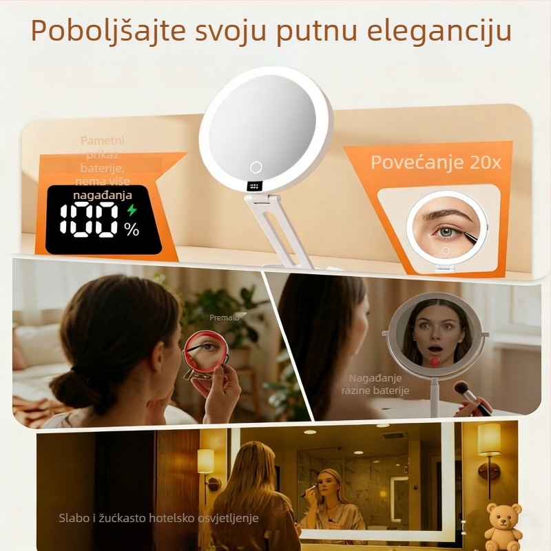 Novo dvostrano prenosno ogledalo za šminkanje, s mogućnošću punjenja, s digitalnim prikazom i LED, sklopivo putno ogledalo
