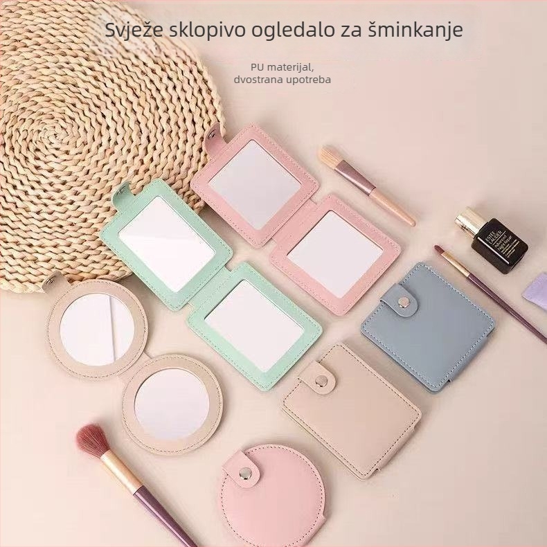 PU kožno okruglo ogledalo za šminkanje, sklopno, dvostrano, prijenosno, s mogućnošću prilagođavanja logotipa